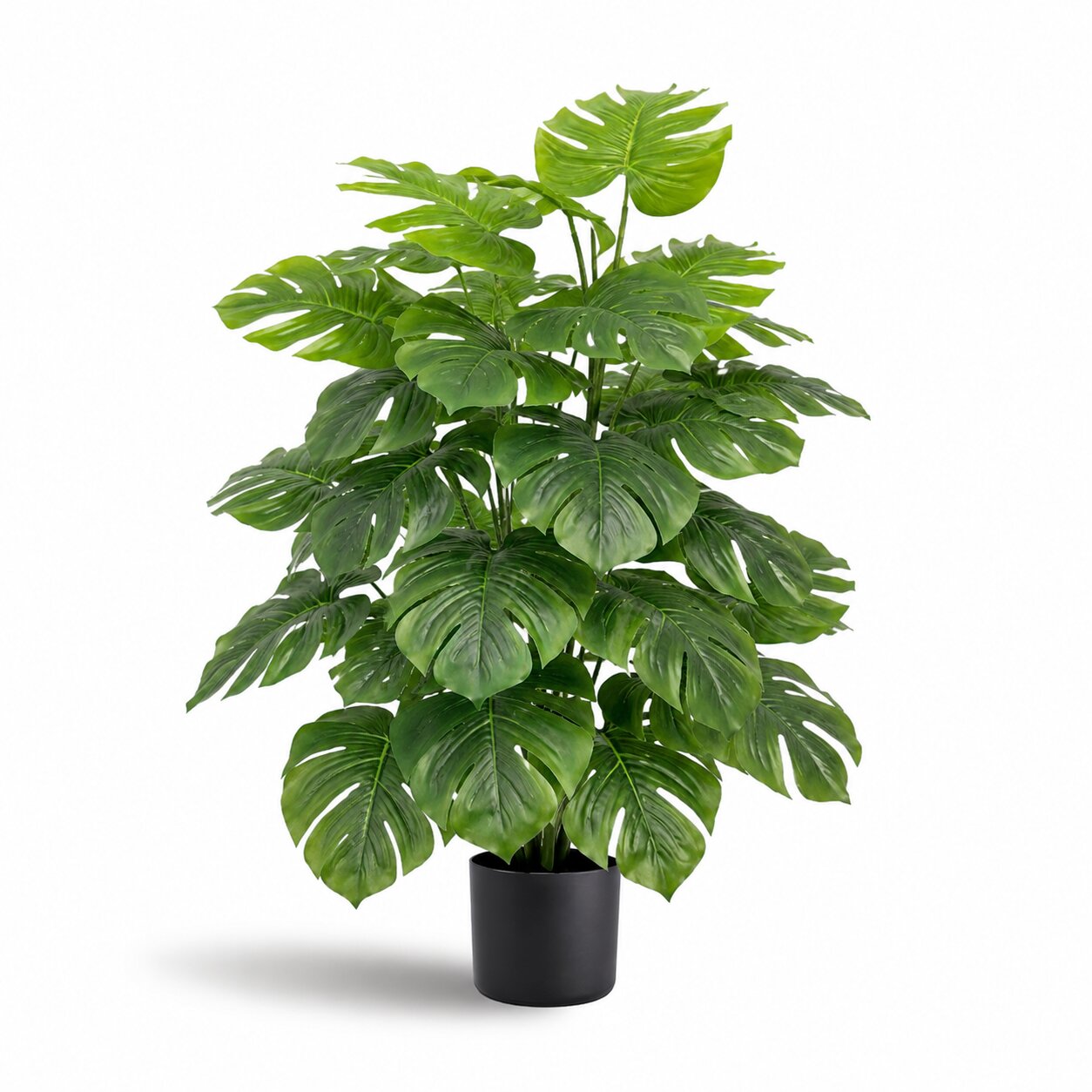 75cm artificial monstera deliciosa swiss cheese plant with 24 split green leaves in a black pot topped with decorative pebbles by Alton Flowers Singapore