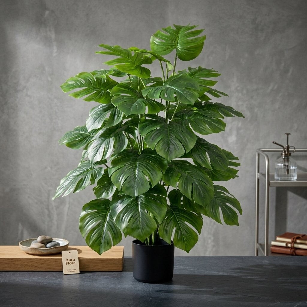 75cm Artificial Monstera Deliciosa Plant | Faux 24-Leaf Swiss Cheese Bush