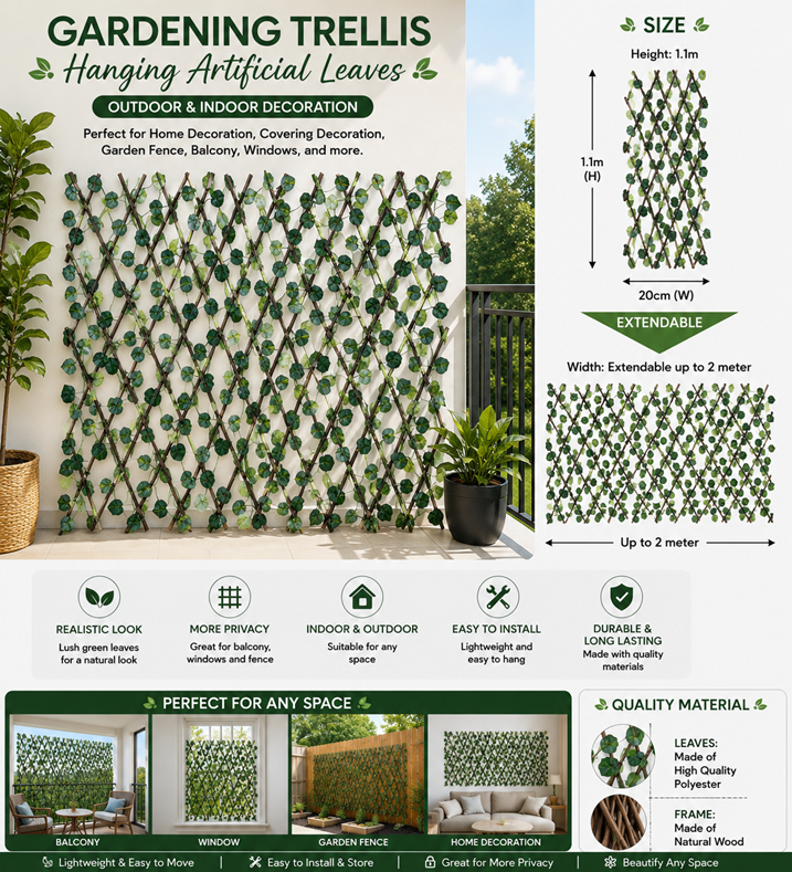 Expandable artificial foliage willow wood trellis by Alton Flowers, showing a natural-looking extendable faux fence panel with lush green leaves.