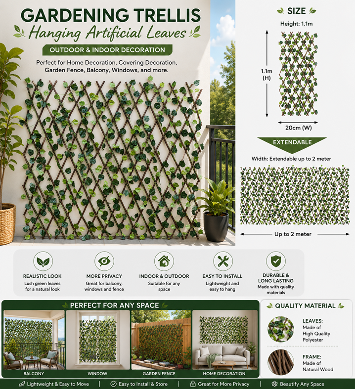 Expandable artificial foliage willow wood trellis by Alton Flowers, featuring extendable faux fence panels with lush green leaves.