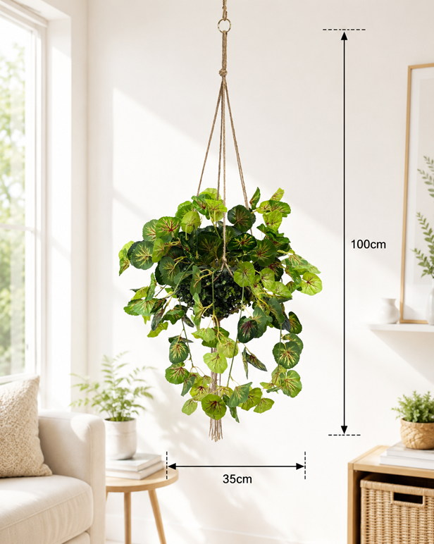 Artificial Begonia hanging plant by Alton Flowers, vibrant green leaves and red blooms in a decorative hanging basket.