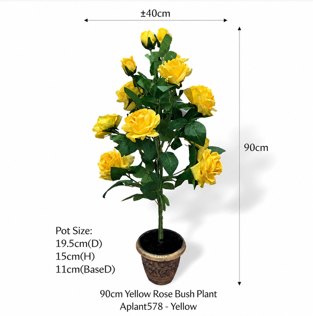 Yellow velvet rose bush plant in pot, 90cm tall, with lush, soft foliage and vibrant blooms, by Alton Flowers.