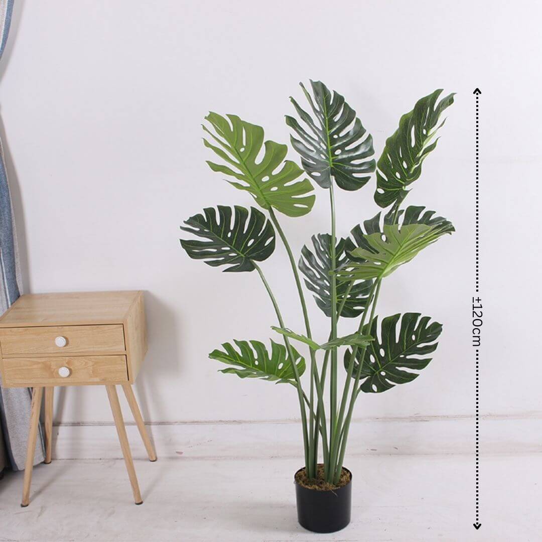 120cm Artificial Monstera Deliciosa Plant | 10-Leaf Faux Swiss Cheese Floor Tree