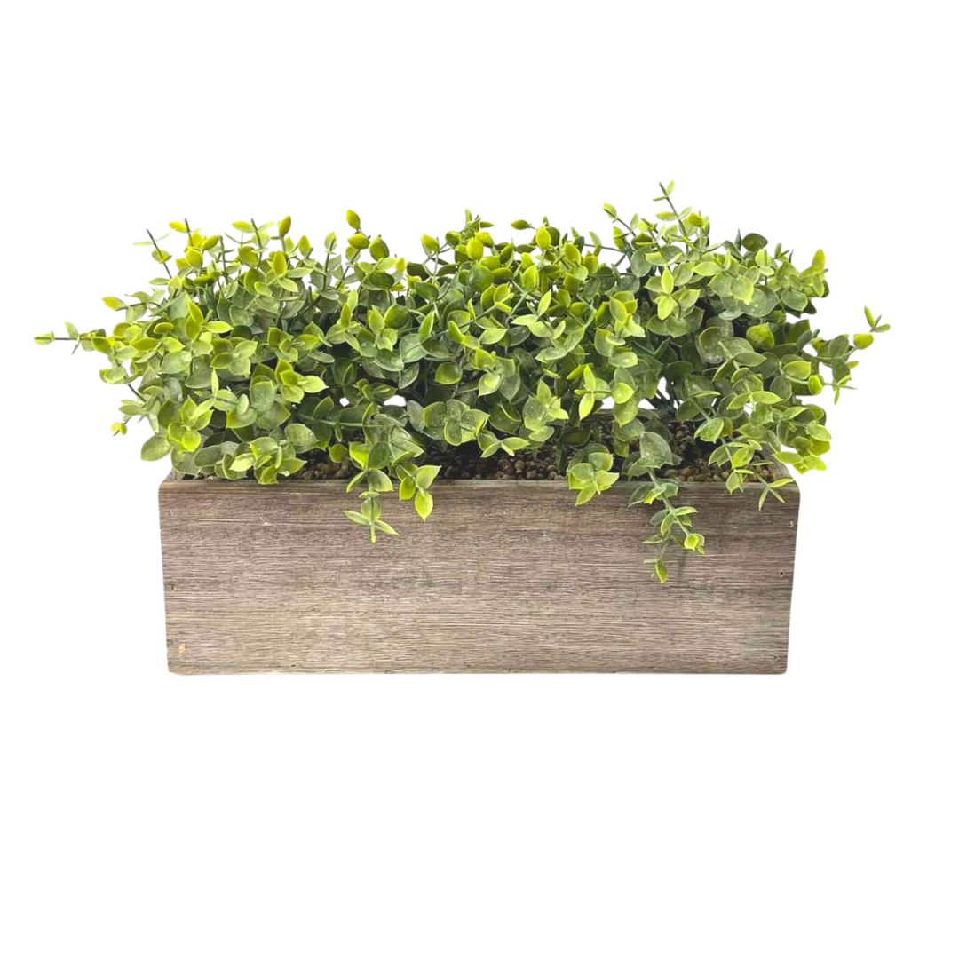 15cm Eucalyptus Bush in Wooden Rectangular Pot. Artificial Aplant606a