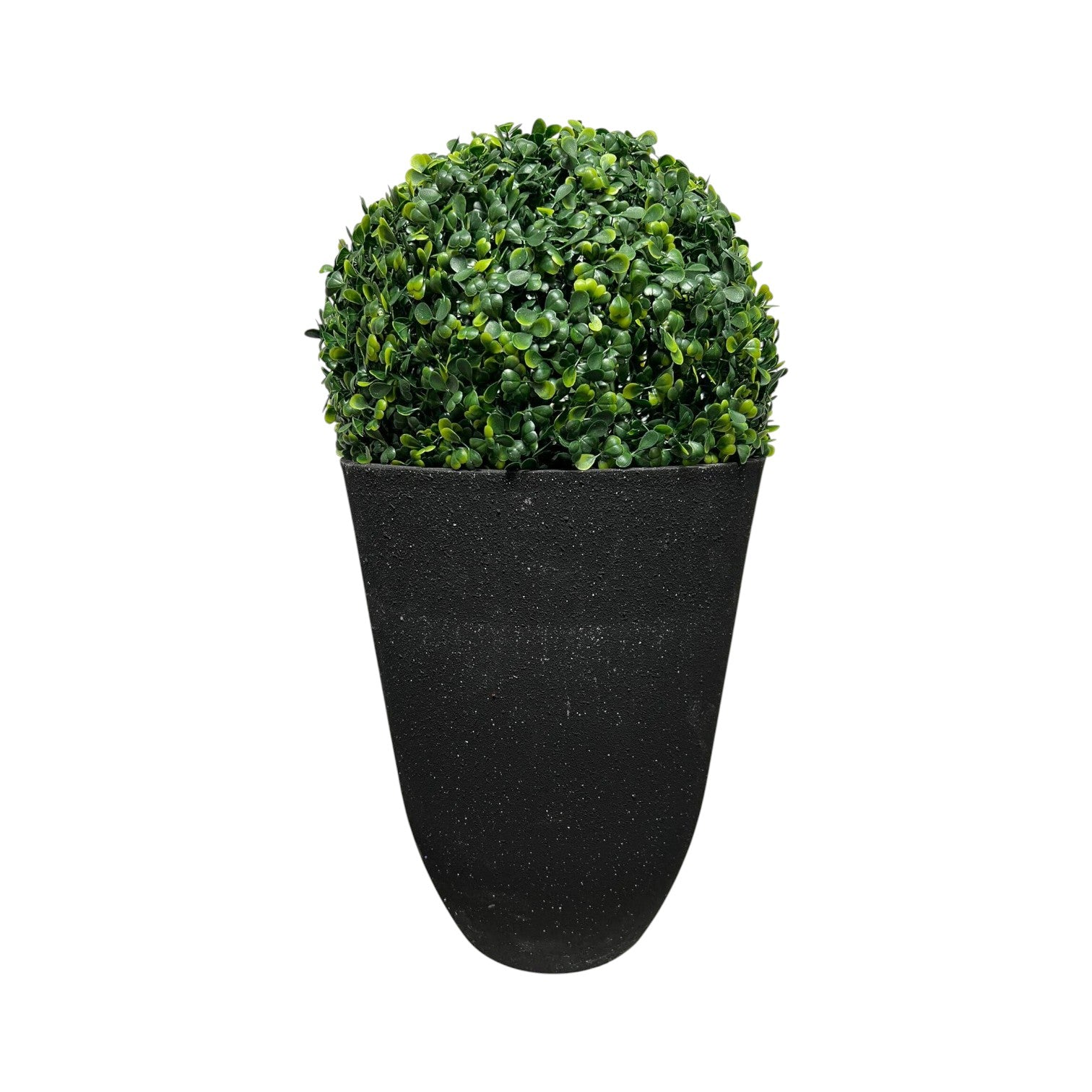 Artificial boxwood topiary ball plant in a black asphalt-textured pot, suitable for indoor or outdoor home and office decor.