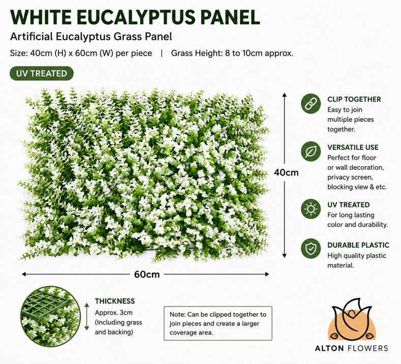 60x40cm White Eucalyptus Artificial Plant Wall | Floral Greenery Panel