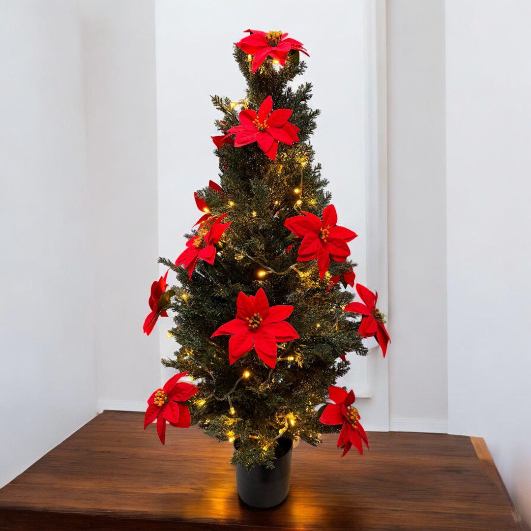 90cm Artificial Christmas Tree with Red Poinsettia Flowers and Fairy Lights Asea132
