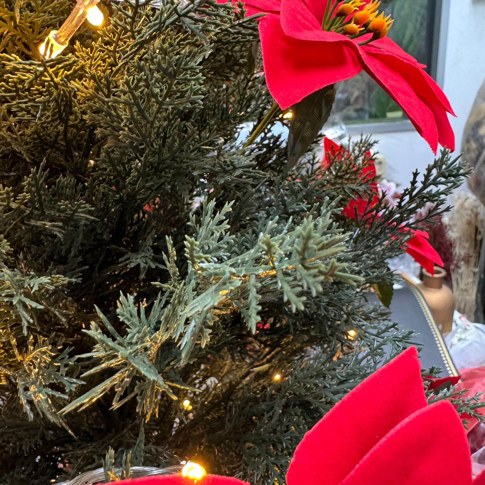 90cm Artificial Christmas Tree with Red Poinsettia Flowers and Fairy Lights Asea132