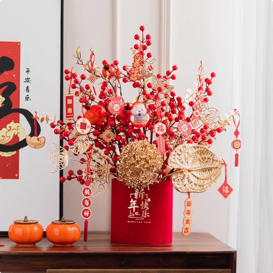 2025 Chinese New Year Golden Artificial Flowers Eucalyptus Red Fruit Decorative Leaves Spring Festival Home Decoration Asea136