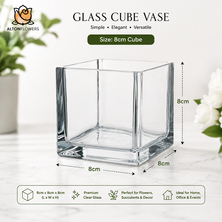 8cm Glass Vase Cube, arrangement, flowers, events