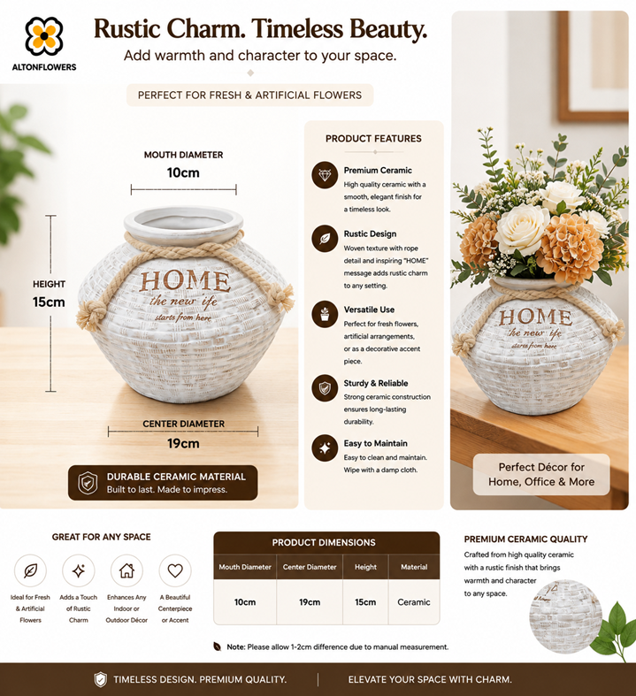 15cm Premium Ceramic Vase, Woven Texture with Rope, Perfect for Fresh and Artificial Flower