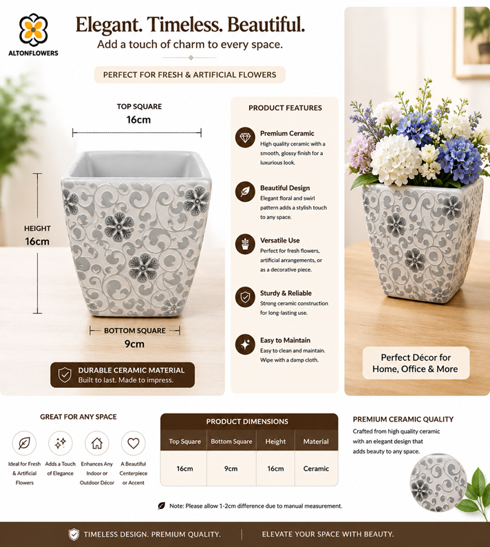 16cm Premium Ceramic Square Vase Pot | Vintage Floral Patterned Planter for Fresh & Artificial Flowers