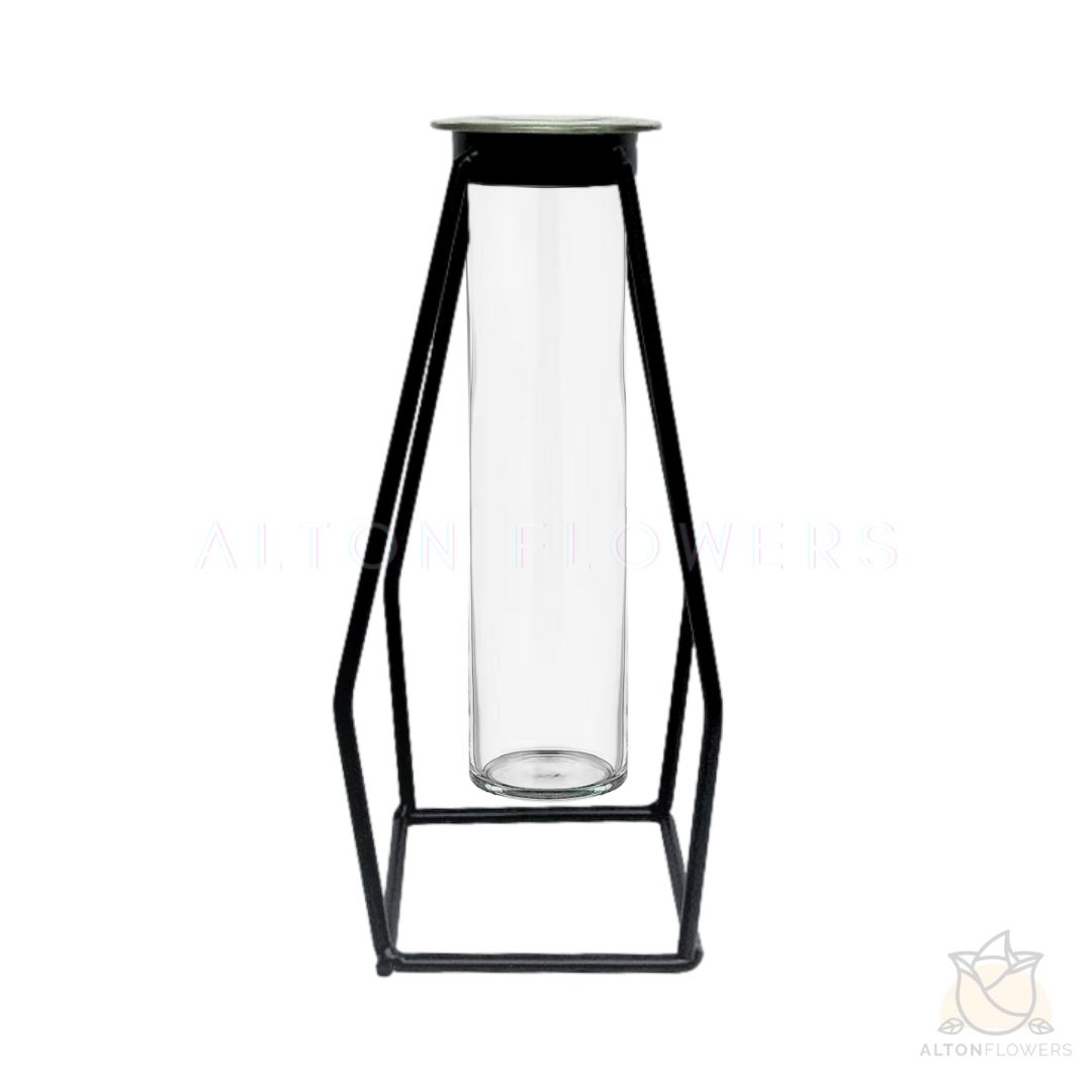 19cm Vase Glass w/metal Frame Avase181 (Black)