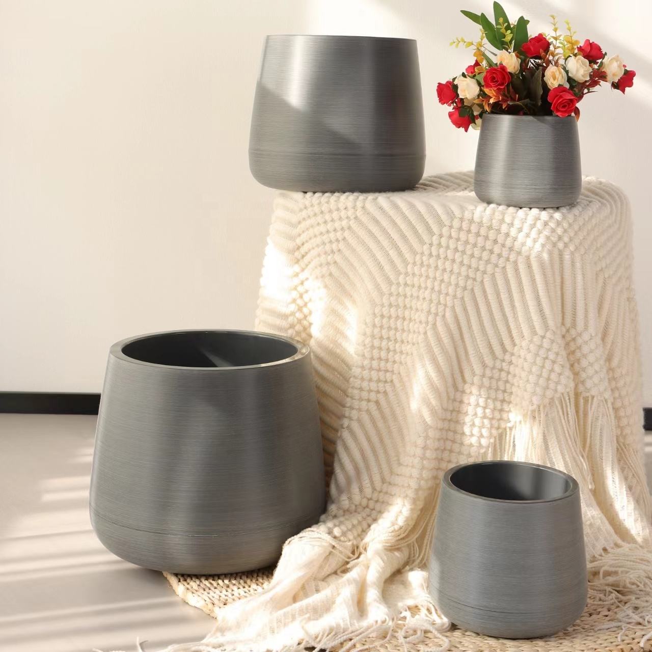 Modern Tapered Cylinder Plastic Planter Pot | Brushed Stone Effect