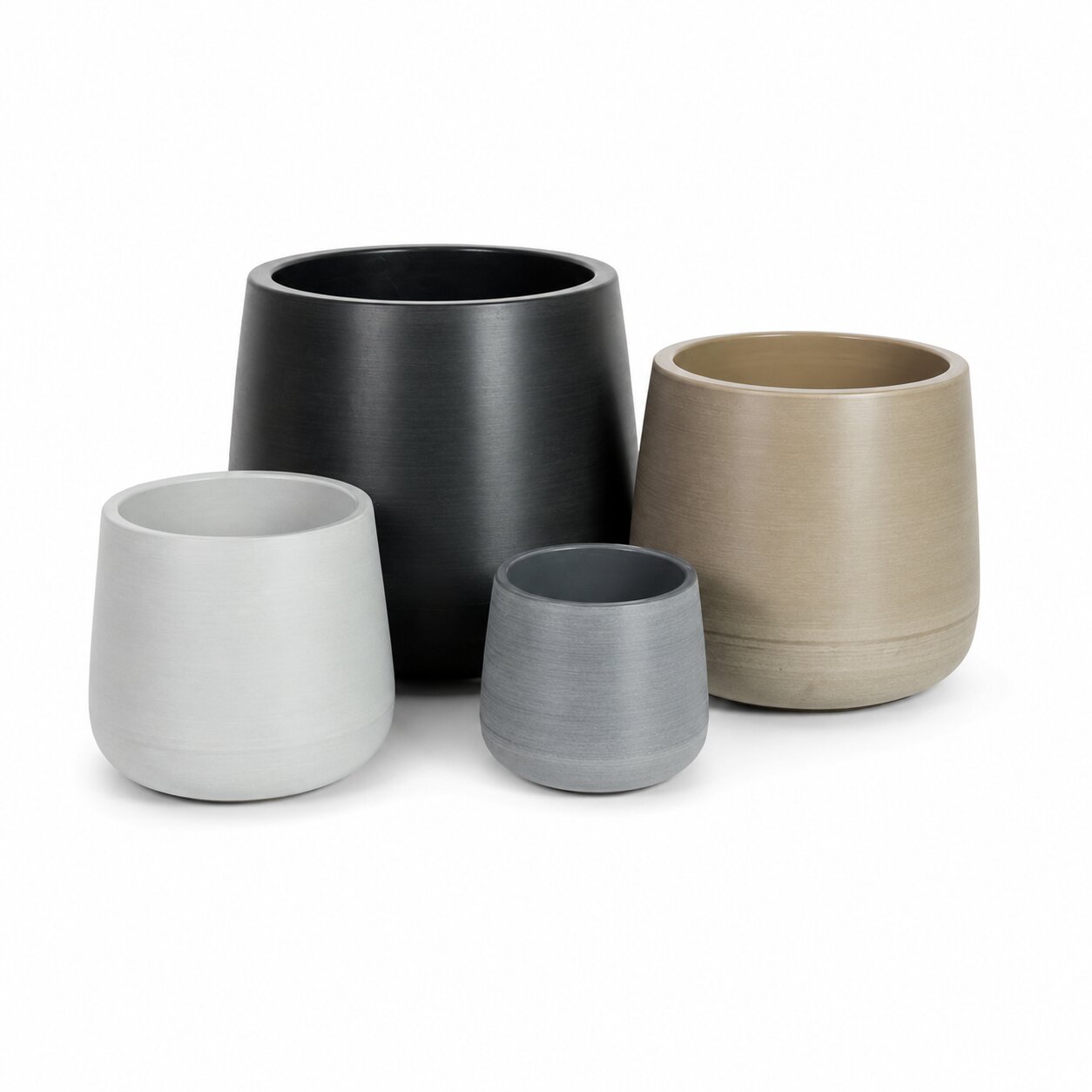 Four sizes of modern tapered cylinder plastic planter pots showcasing smooth grey, black, and textured brown finishes by Alton Flowers Singapore