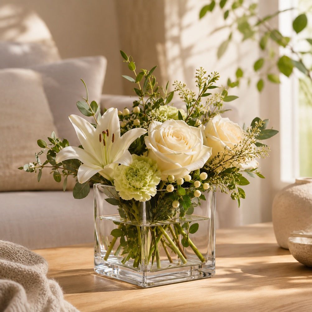 Clear 15cm square glass vase by Alton Flowers, perfect for flower arrangements and decorative floral displays.