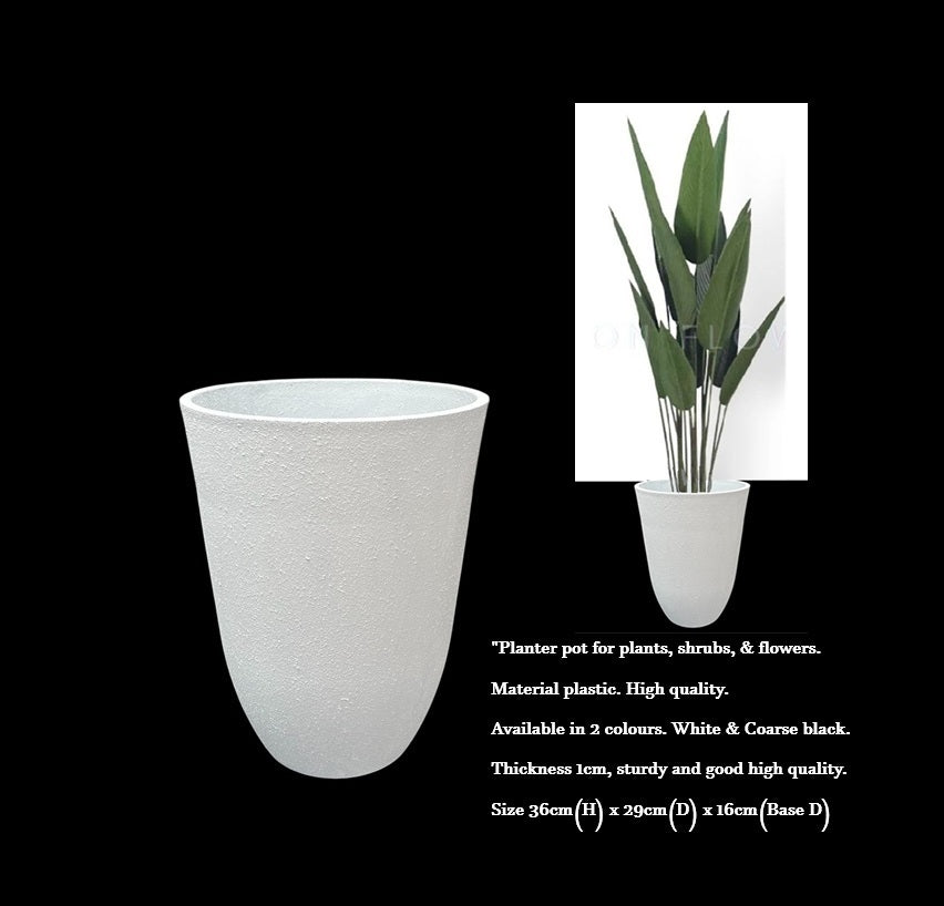 White textured plastic planter, 36cm diameter, by Alton Flowers, showing a close-up of the coarse surface and modern design.