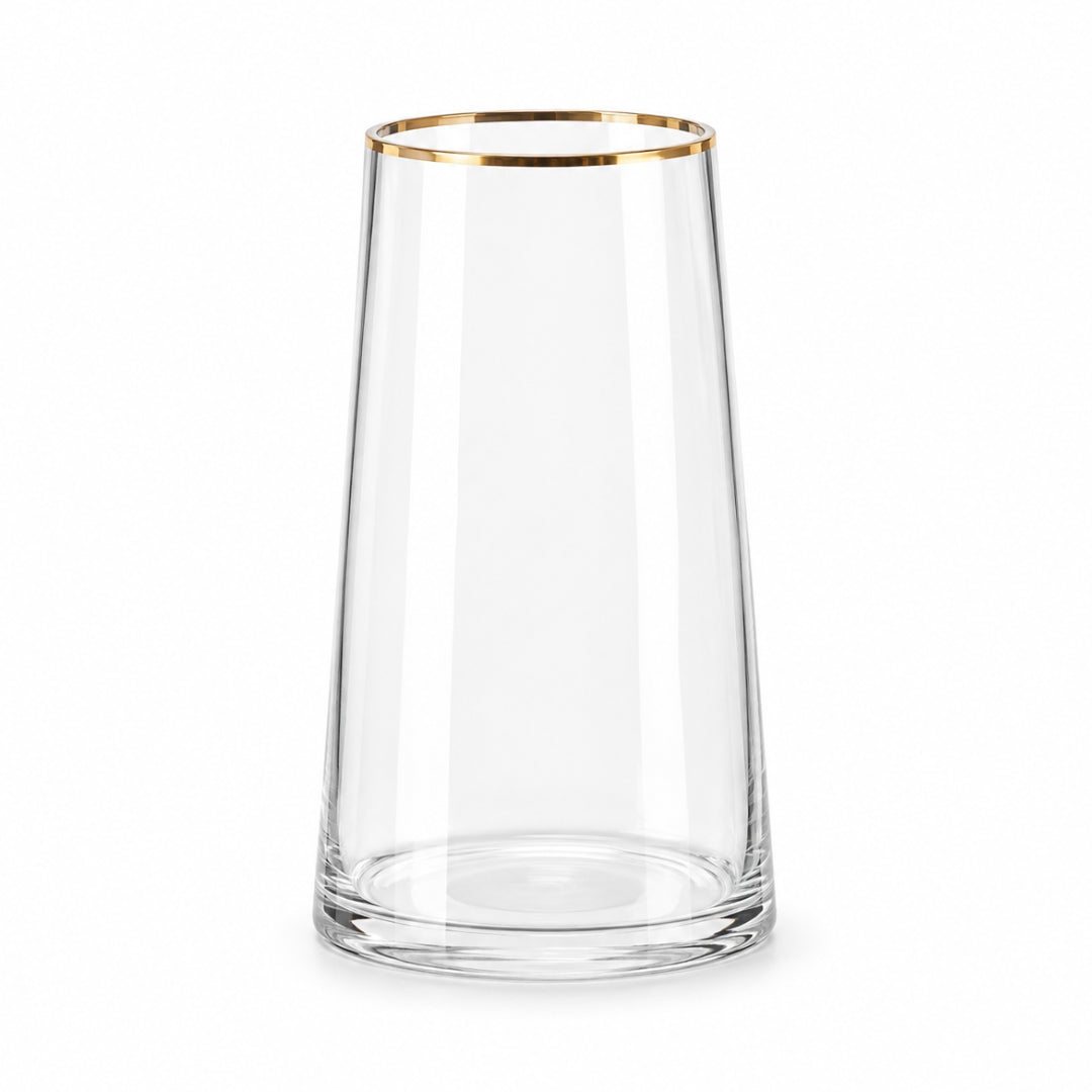 25cm tapered clear glass flower vase with gold rim for fresh flowers, artificial flowers and event centrepieces
