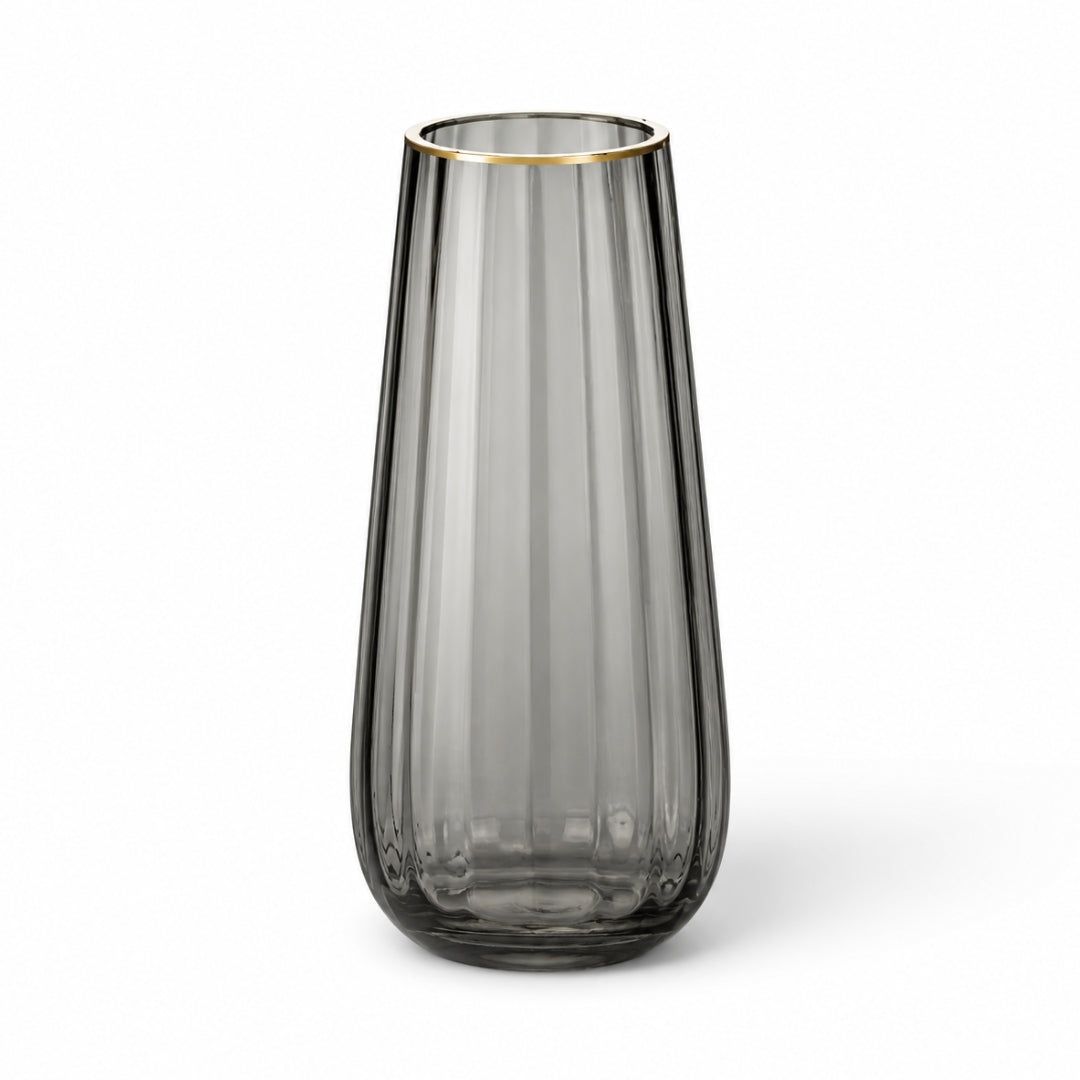 25cm smoky fluted glass vase with gold rim and tulip-style shape for elegant flower arrangements and table decor
