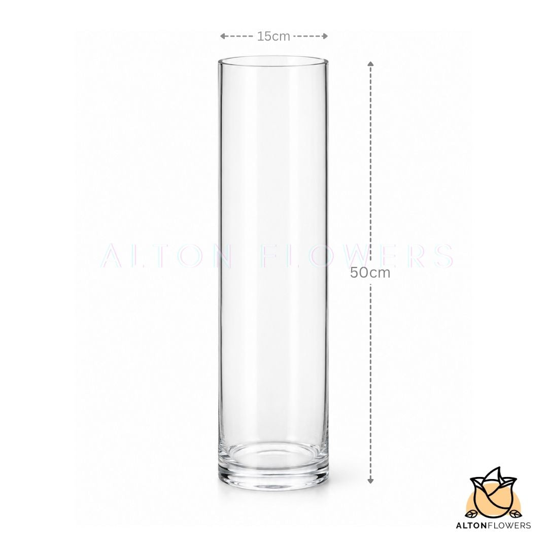 Tall 50cm clear cylinder glass vase by Alton Flowers, ideal for floral arrangements, with a sleek, transparent design.