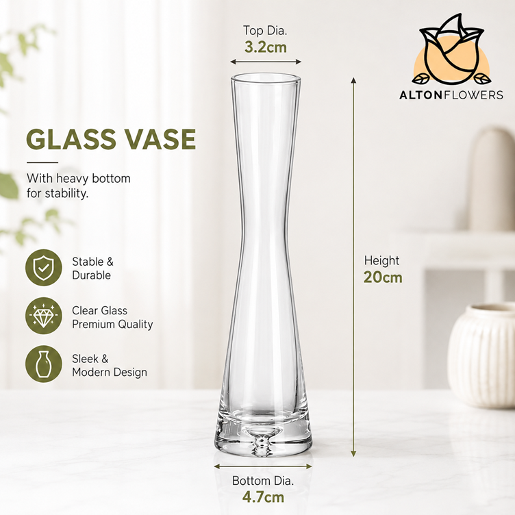 Alton Flowers 20cm slim glass bud vase with heavy base, designed for single stem floral arrangements.