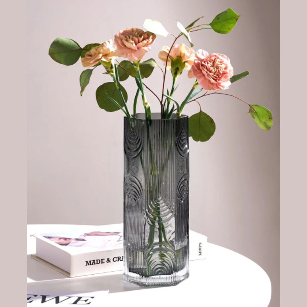 Tall 30cm smoked glass vase with geometric Nordic pattern, ideal for flowers, by Alton Flowers.