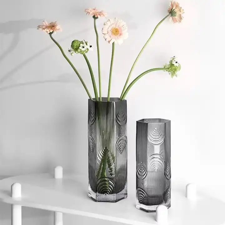 Tall 30cm smoked glass geometric vase by Alton Flowers, featuring a Nordic pattern, ideal for displaying floral arrangements.