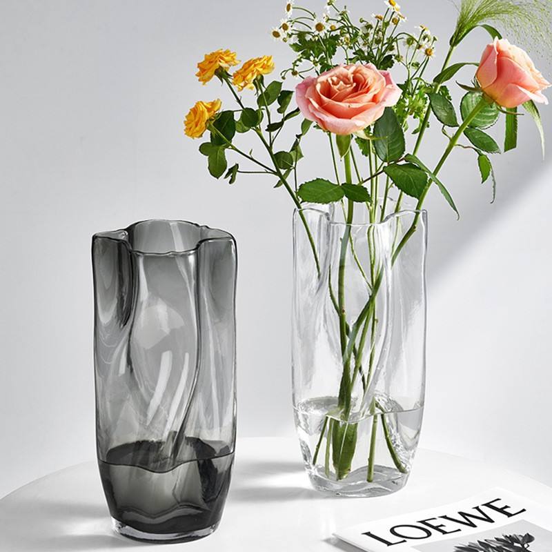 Clear and smoke grey 28cm Nordic wavy glass flower vase by Alton Flowers, showcasing elegant curved design and transparent finish.