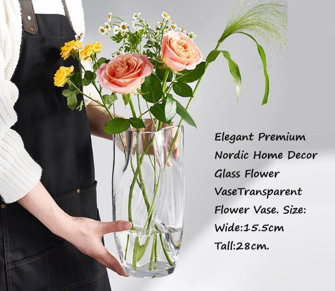 28cm [Local Stock] Elegant Premium Nordic Home Decor Glass Flower Vase Transparent Flower Avase313