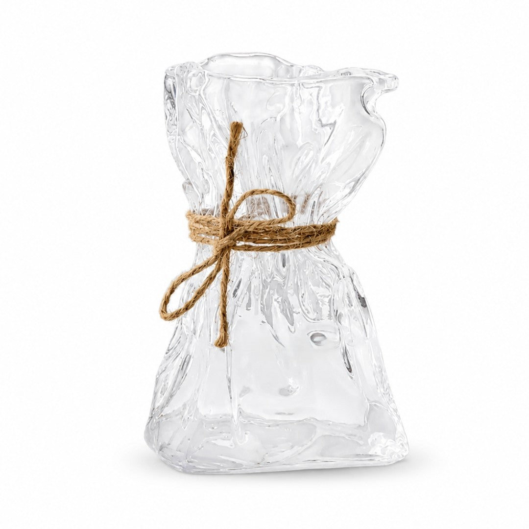 15cm clear textured glass flower vase with rustic rope tie for small flower arrangements and tabletop decor