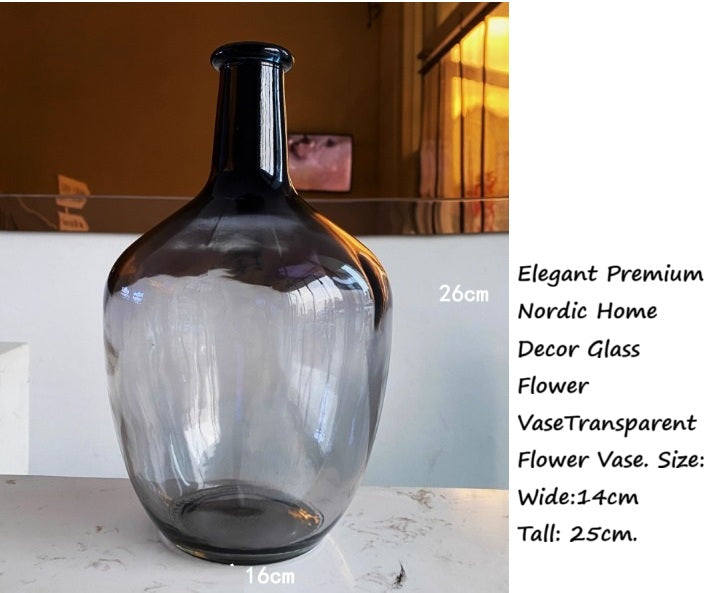 Grey 25cm Nordic glass vase by Alton Flowers, minimalist wide body flower vase for floral arrangements and home decor.