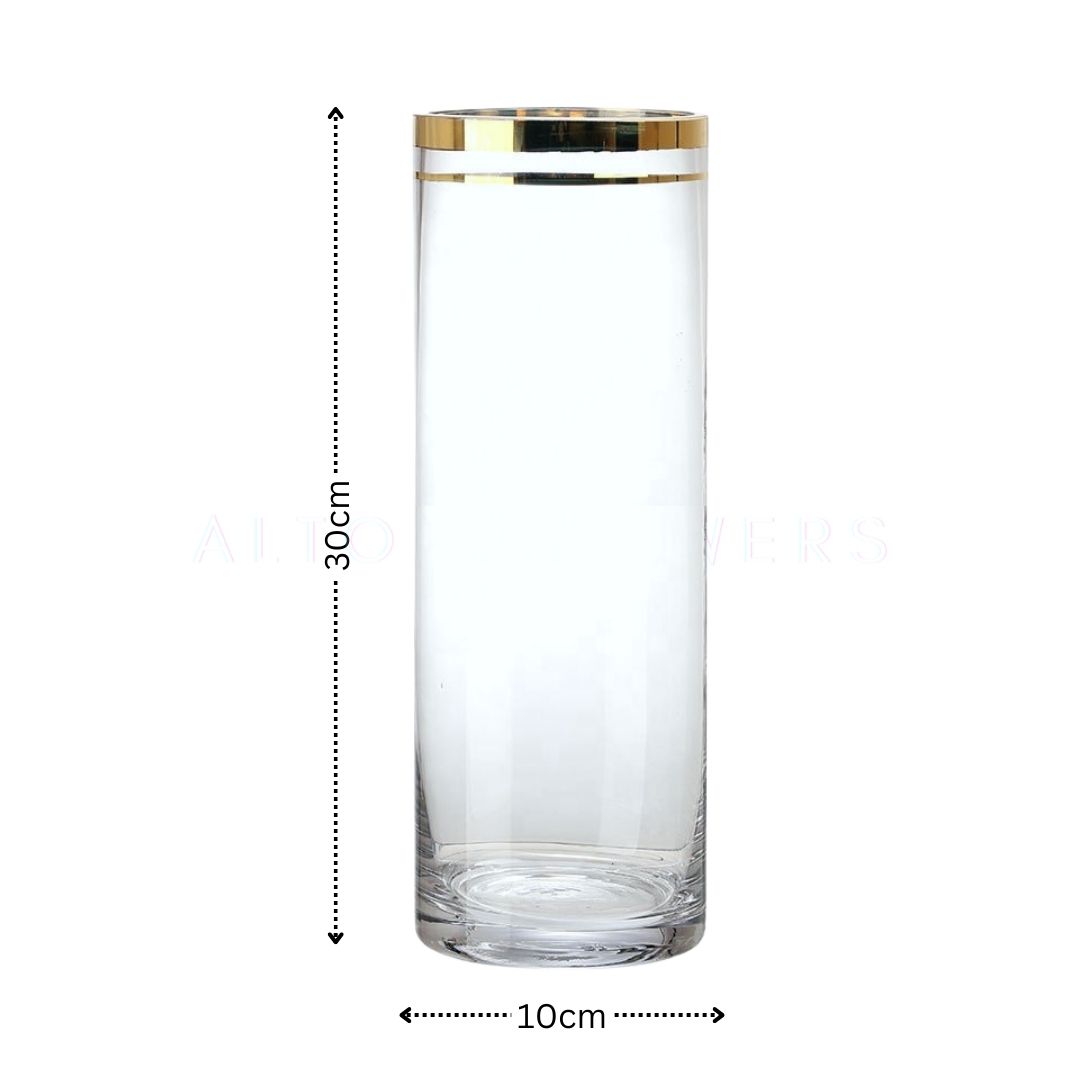 30cm Double Band Gold Rim Clear Glass Cylinder Vase for Table Tall Vessel Transparent Crystal Home Decoration for Flower Arrangement Avase318