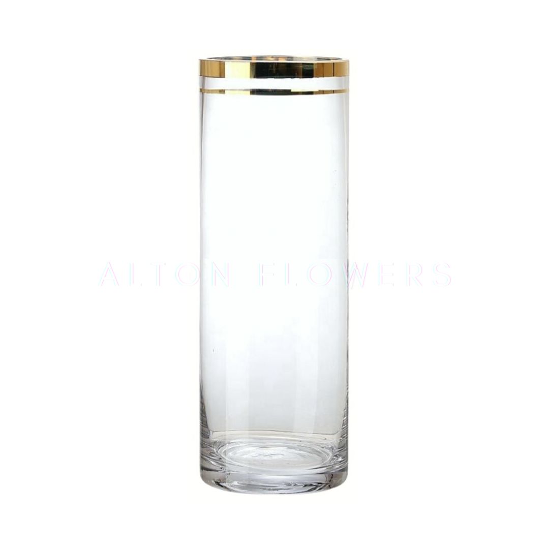 30cm Double Band Gold Rim Clear Glass Cylinder Vase for Table Tall Vessel Transparent Crystal Home Decoration for Flower Arrangement Avase318