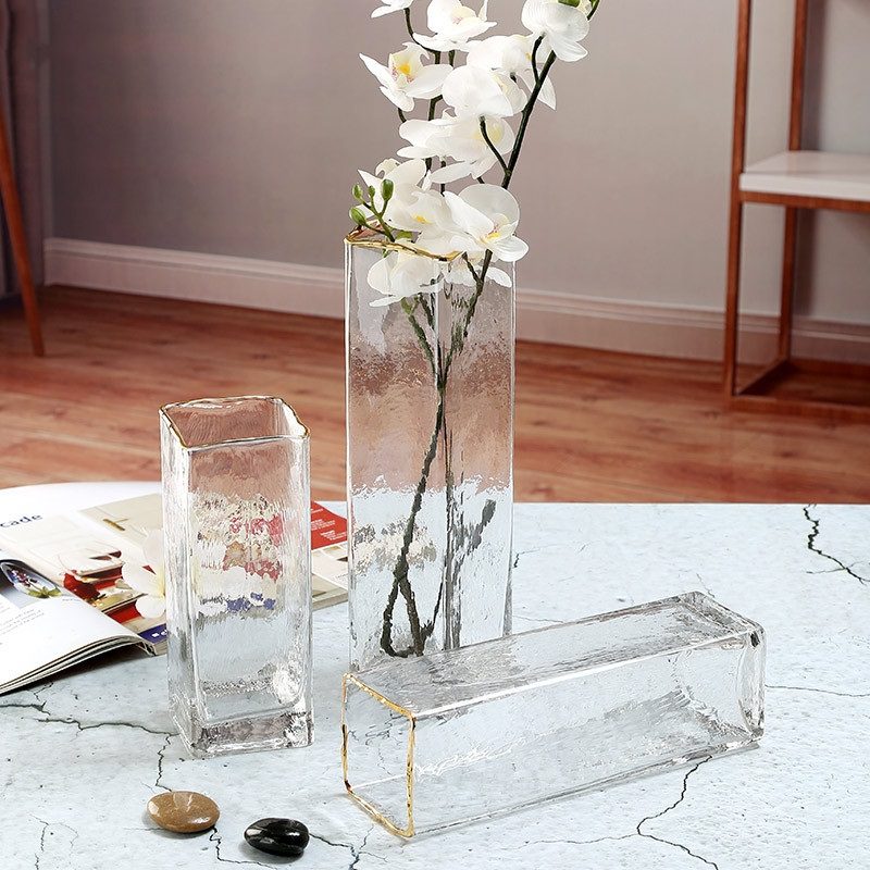 30cm Frosted Glass Vase Cuboid Gold Rim Tone Modern Style Thick for Flower Arrangement Avase321a