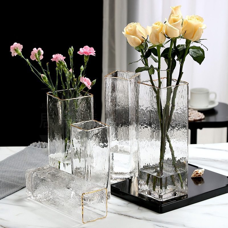 30cm Frosted Glass Vase Cuboid Gold Rim Tone Modern Style Thick for Flower Arrangement Avase321a