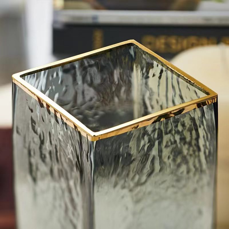 30cm Tinted Frosted Glass Vase Cuboid Gold Rim Tone Modern Style Thick for Flower Arrangement Avase321b