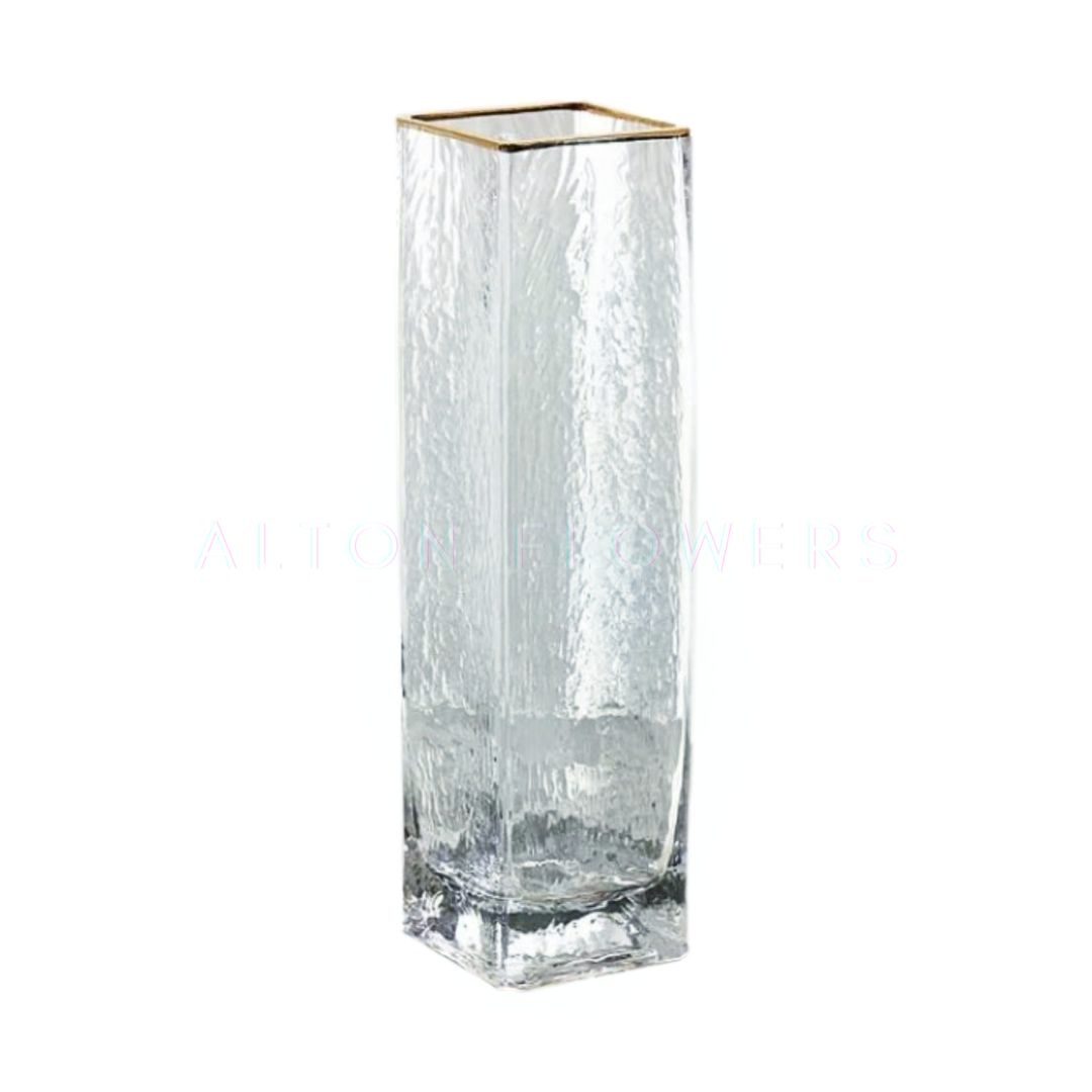 30cm Frosted Glass Vase Cuboid Gold Rim Tone Modern Style Thick for Flower Arrangement Avase321a