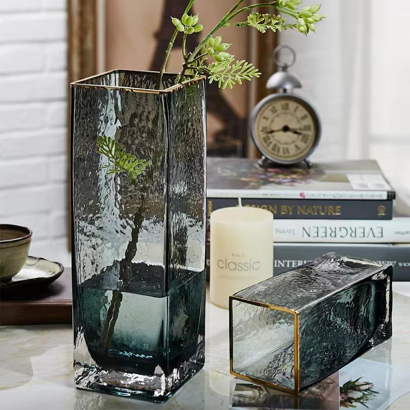 30cm Tinted Frosted Glass Vase Cuboid Gold Rim Tone Modern Style Thick for Flower Arrangement Avase321b
