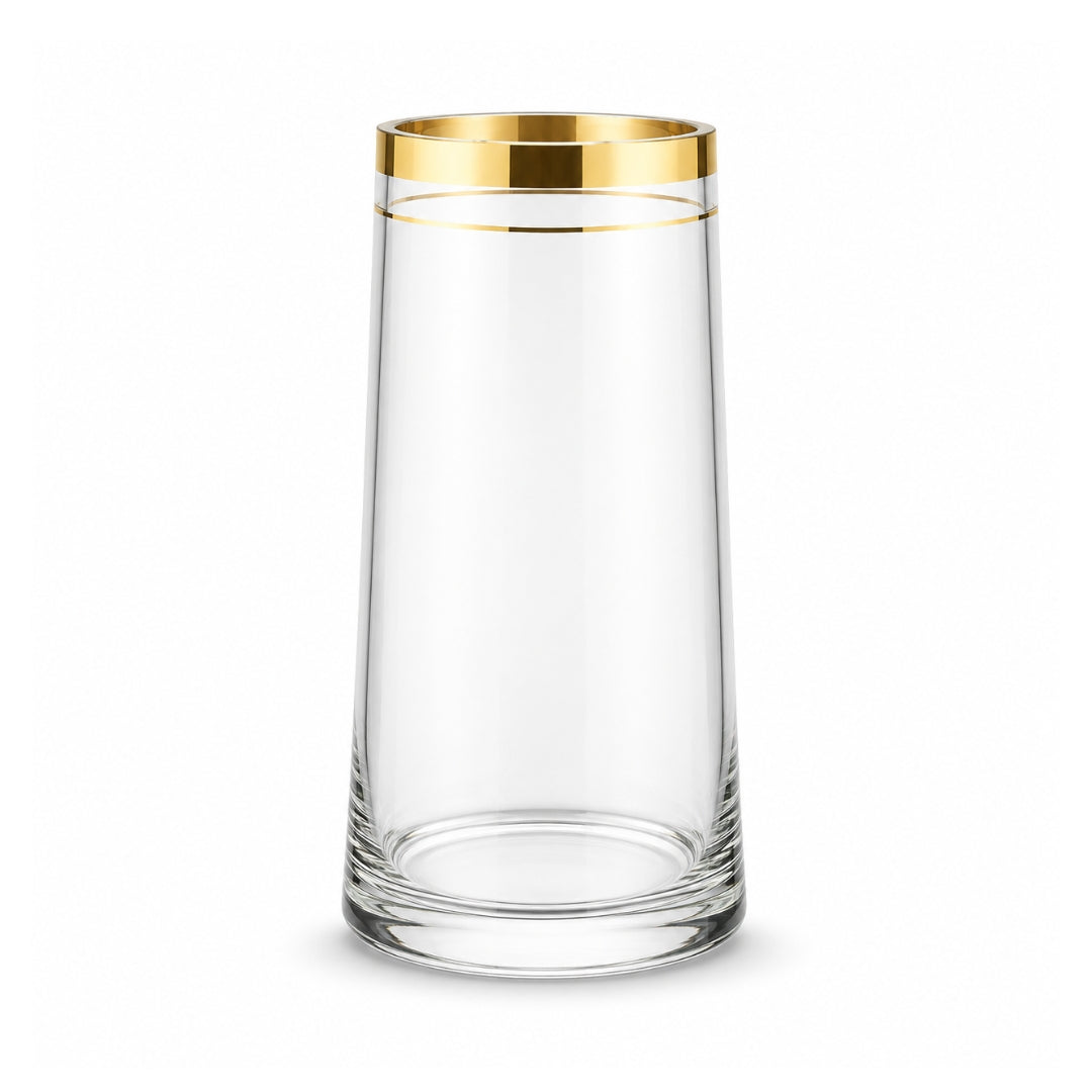 25cm clear tapered glass flower vase with gold rim and 13cm wide base for floral arrangements and event decor