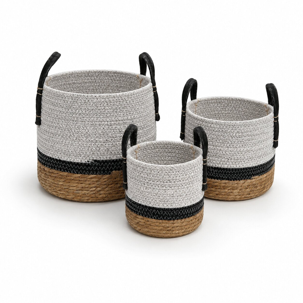 Three sizes of nesting woven cotton rope and natural seagrass plant baskets with handles by Alton Flowers Singapore
