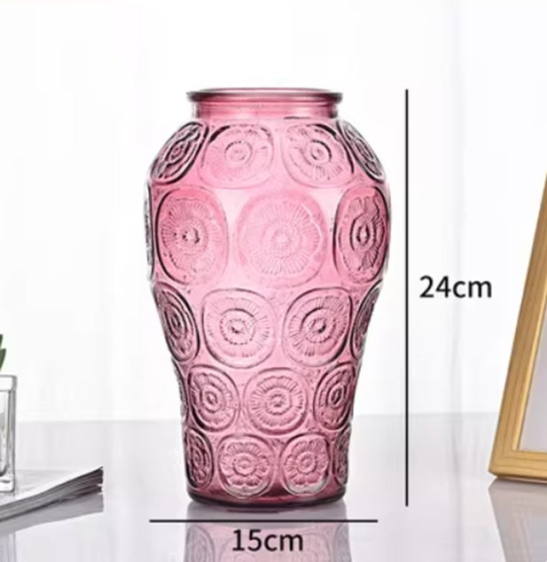 24cm Tall - Elegant Embossed Glass Vase , Artistic Decorative Piece for Home & Office Avase414