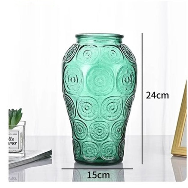 24cm Tall - Elegant Embossed Glass Vase , Artistic Decorative Piece for Home & Office Avase414