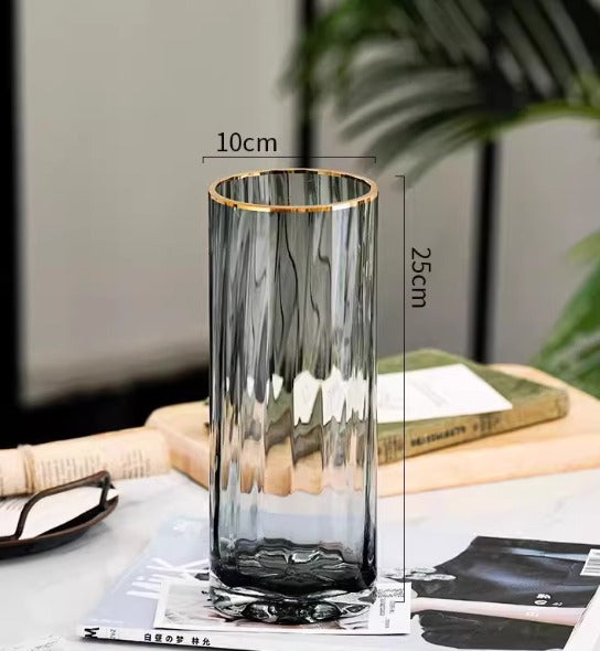 25cm Modern Smoky Glass Vase - Cylindrical Design with Gold Rim Avase415-1-GRTinted