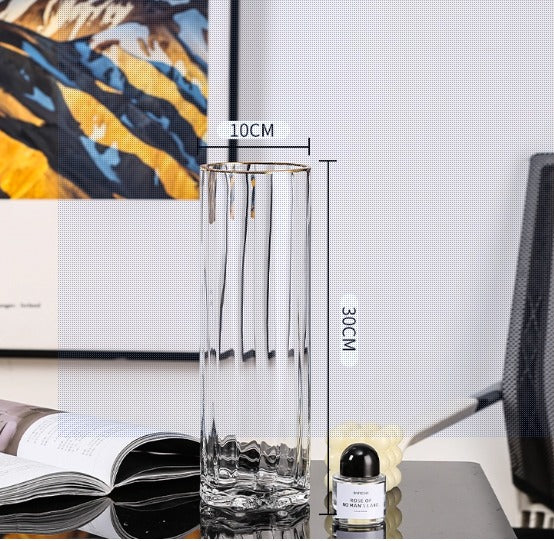 30cm Gold Rim Ribbed Cylinder Glass Vase – Slim Textured Flower Vase