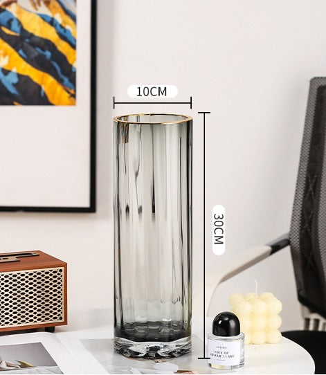 30cm Gold Rim Ribbed Cylinder Glass Vase – Slim Textured Flower Vase