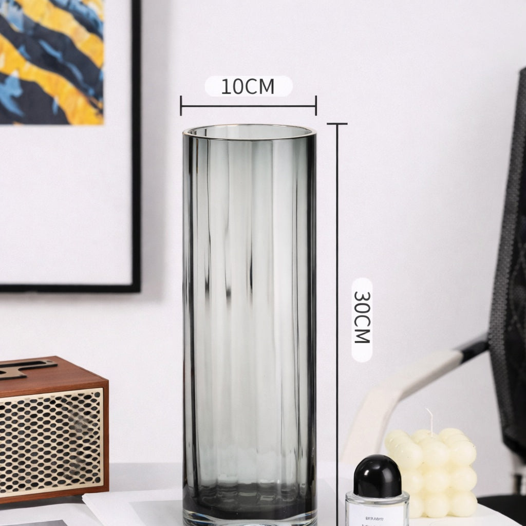 30cm Gold Rim Ribbed Cylinder Glass Vase – Slim Textured Flower Vase