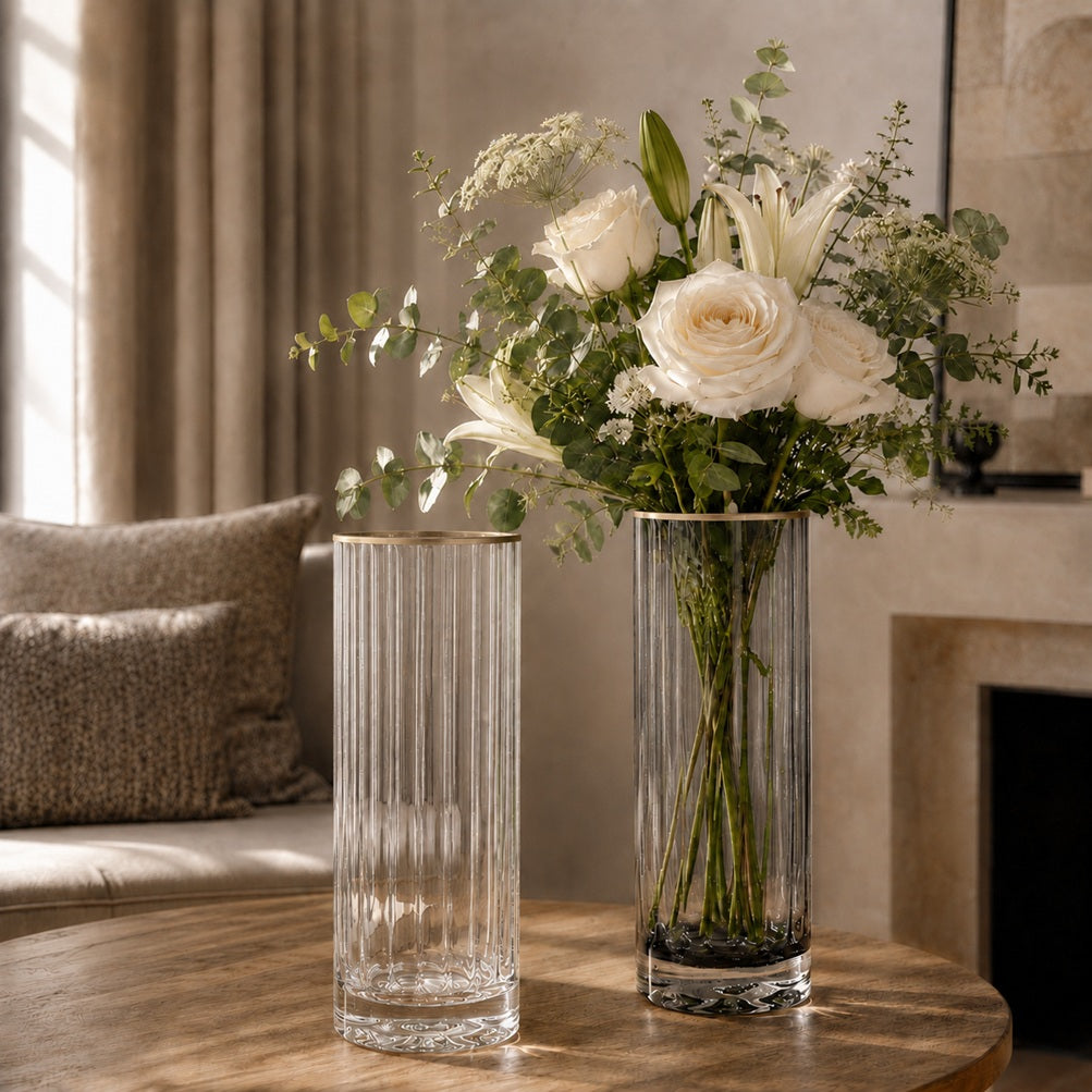 30cm Gold Rim Ribbed Cylinder Glass Vase – Slim Textured Flower Vase