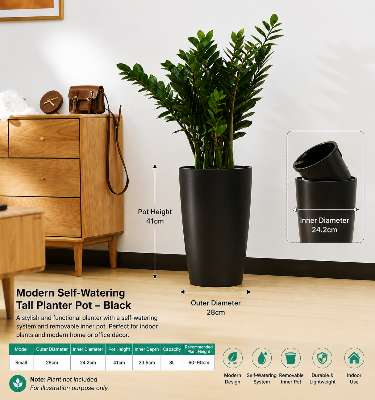 41cm Modern Self-Watering Tall Planter Pot – Decorative Flower Pot