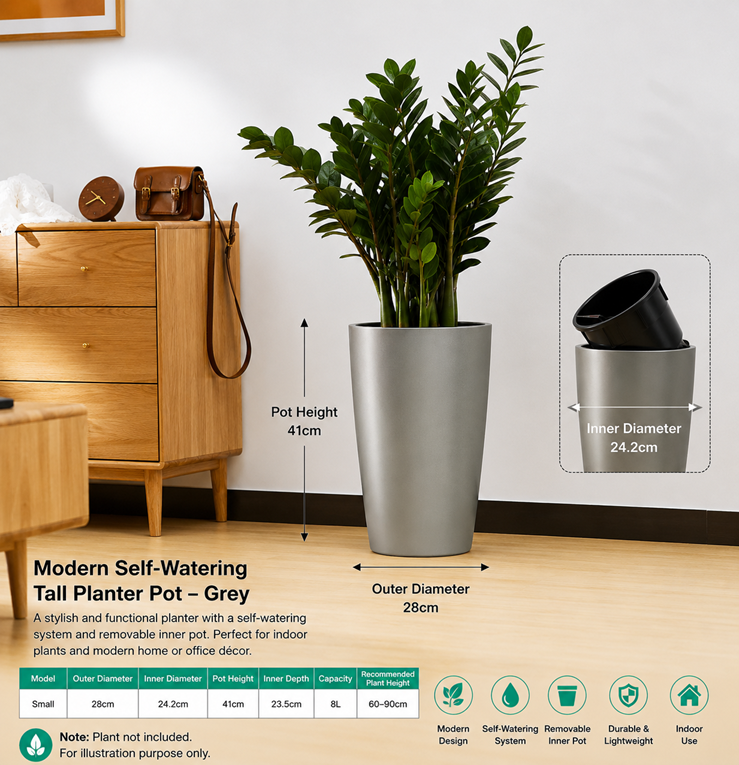 41cm Modern Self-Watering Tall Planter Pot – Decorative Flower Pot