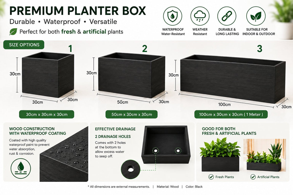 Heavy Duty Waterproof Planter Box | Modern Rectangular Flower Pot | Polymer Coated | Drainage Holes | Indoor & Outdoor